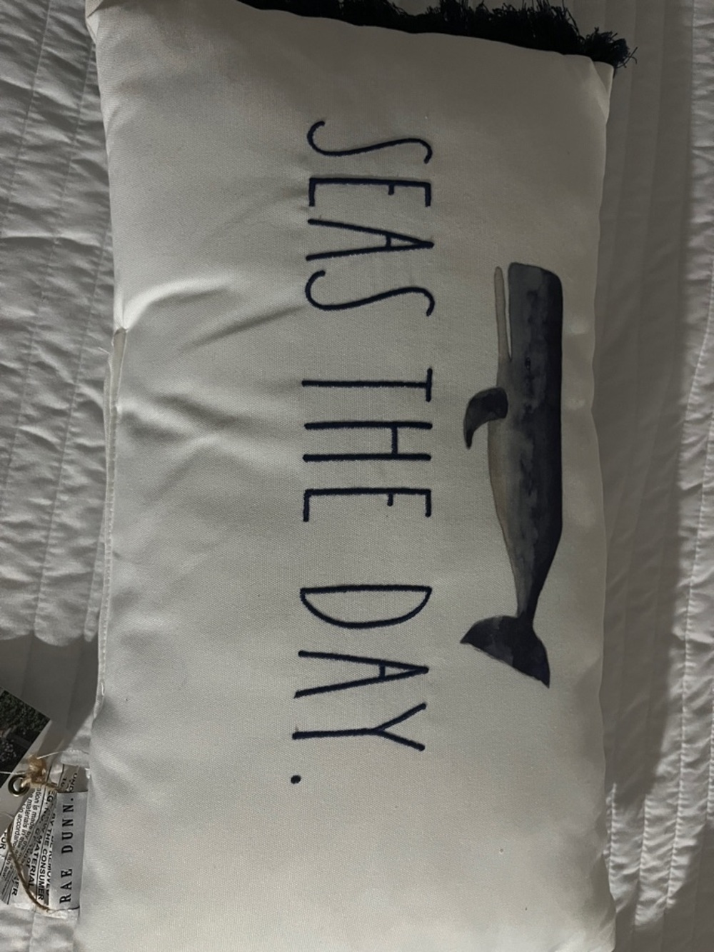 Rae Dunn Navy & White Whale Pillow - 'SEAS THE DAY'